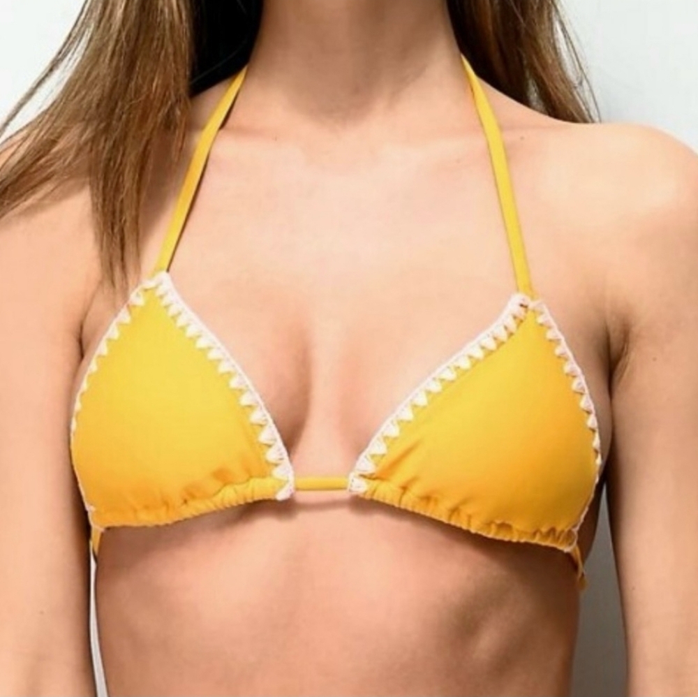 SHADE & SHORE Yellow Halter Tie Bikini Top Decorative White Stitching Size XS